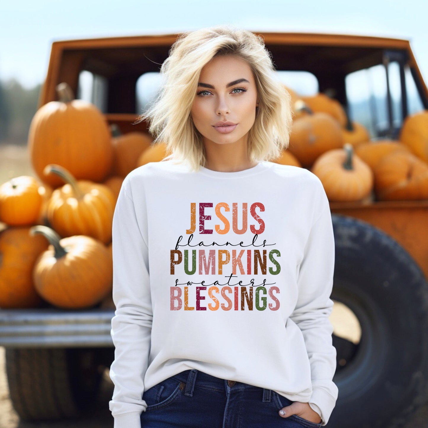 Fall Ladies T-Shirt - "Jesus Pumpkins Blessings"