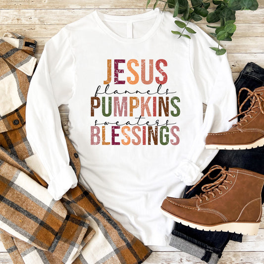 Fall Ladies T-Shirt - "Jesus Pumpkins Blessings"