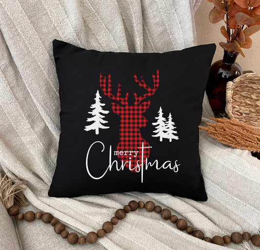 Christmas Pillow Cover - "Buffalo Plaid Stag Merry Christmas", 18" x 18"